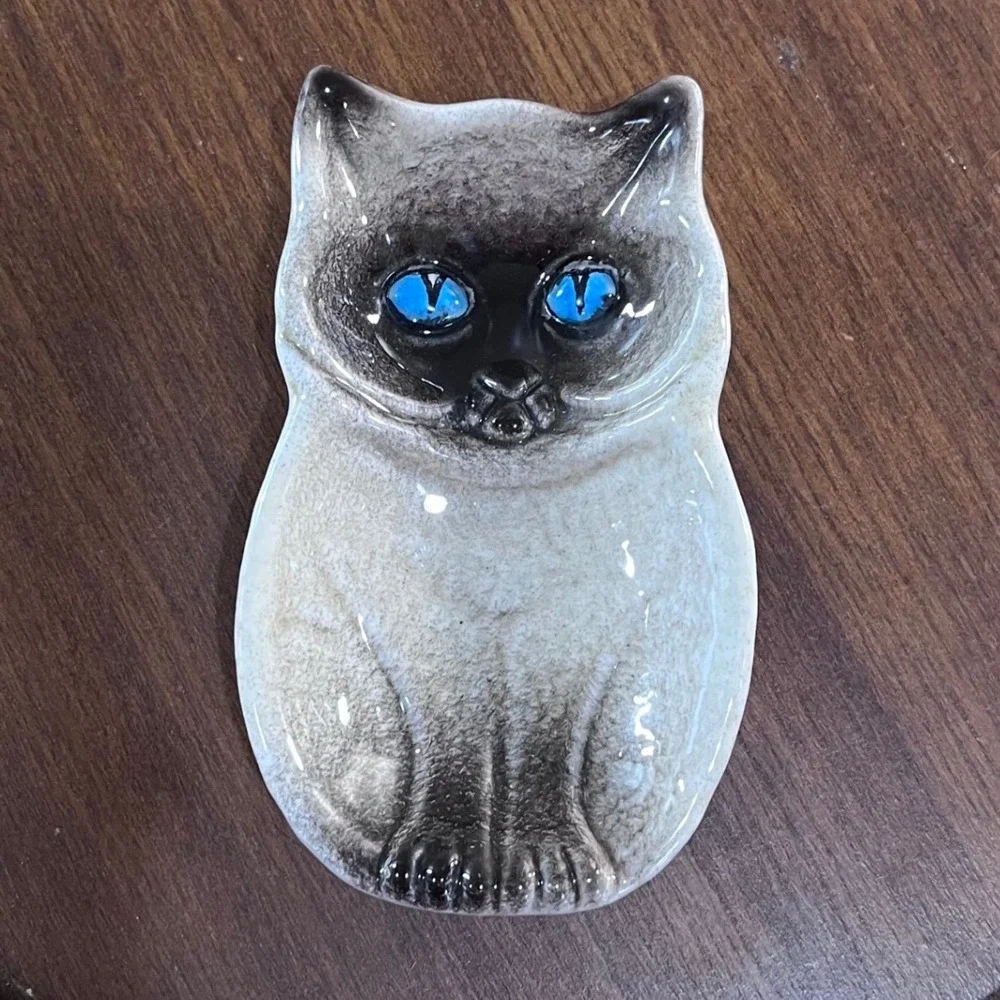 Vtg Italy Siamese Cat Ceramic Trinket Dish Blue Eyes Hand Painted MCM Ring Tray